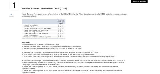 Return to question 1 Exercise 1-7 Direct and Indirect Costs [LO1-1] Kubin Companys relevant range of production is 10,000 to