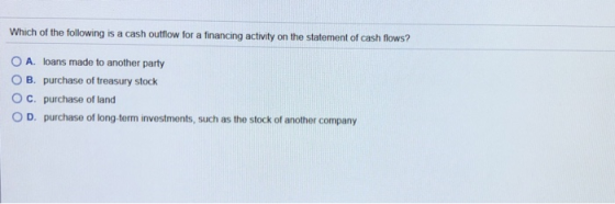 Which of the following is a cash outflow for a financing activity on the statement of cash flows? O A. Ioans made to another