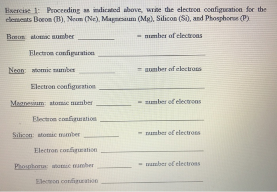 Exercise 1: Proceeding as indicated above, write the electron configuration for the elements Boron (B), Neon (Ne), Magnesium