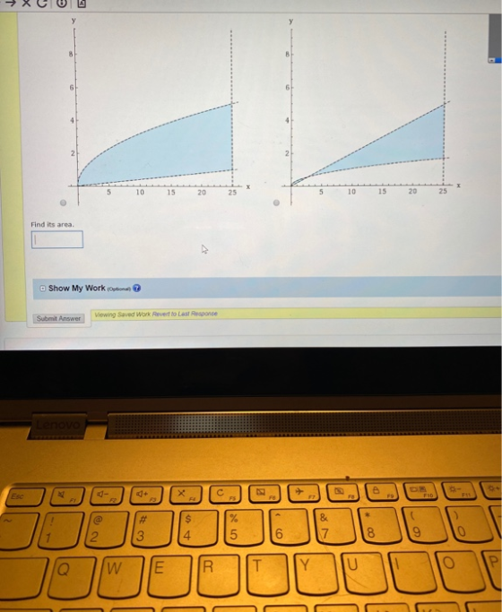 8 B 6 6 10 15 20 25 5 10 15 20 Find its area Show My Work (optional Submit Answer Viewing Saved Work Revert to Last Response