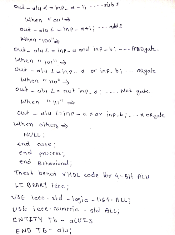 olgale OU da lhen others-> NULL , end ccase end process, end 6ehdviorel, Thest bench VHDL code li ALU VSE leee std -lo yst ie