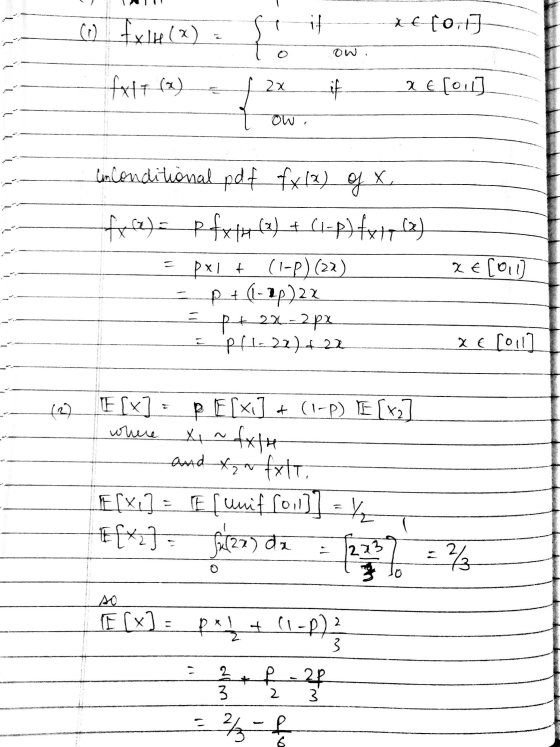 Co Axire(x) si it -te(0,77 to ow. /2x it at [011] ow. fxlt (x) - = inconditional pdf fx(x) of x. fx) = pfxth (x) + (1-P) fx 1