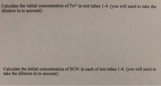Calculate the initial concentration of Fe3+ in test tubes 1-4. (you will need to take the dilution in to account) Calculate t
