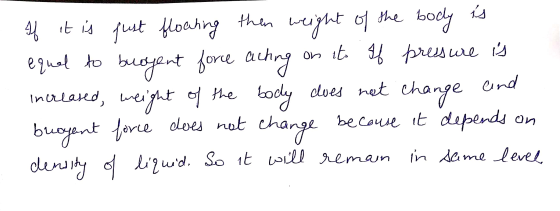 If it is just floating then weight of the body is equal to buoyent force acting on it. If pressure is increased, weight of th