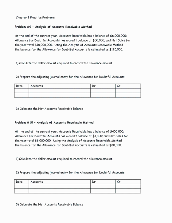 Chapter 8 Practice Problems Problem #9 - Analysis of Accounts Receivable Method At the end of the current year, Accounts Rece