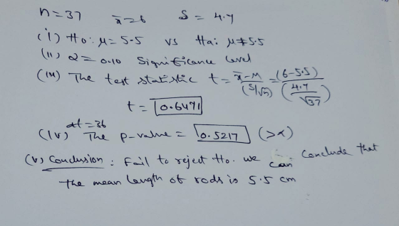 S = 4.1 (10) The test statstic t²9-M (6-5.5) Significance level n=37 (i) Ho: M=55 (11) a=010 Hai u&55 islo t=[ooburi at=36 (1