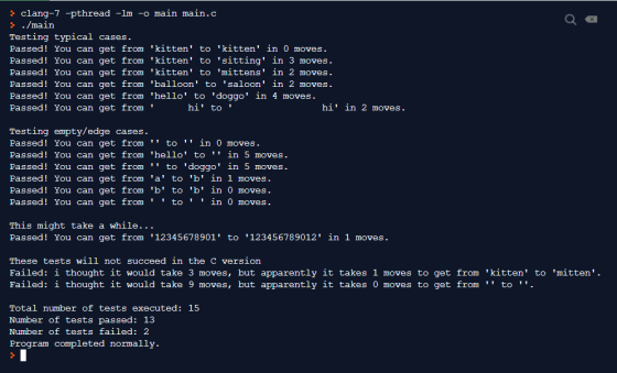 > clang-7 -pthread -lm -o main main.c > ./main Testing typical cases. Passed! You can get from kitten to kitten in 0 move