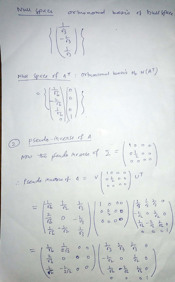 Null space ormonormd basis of huluspace st srust Nall space of At: ortronormal basis of N(AT) 7 pseudo-inverse of A 2 6 0 now