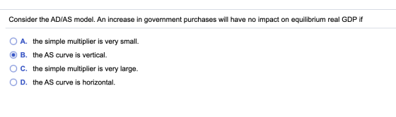 Consider the AD/AS model. An increase in government purchases will have no impact on equilibrium real GDP if O A. the simple