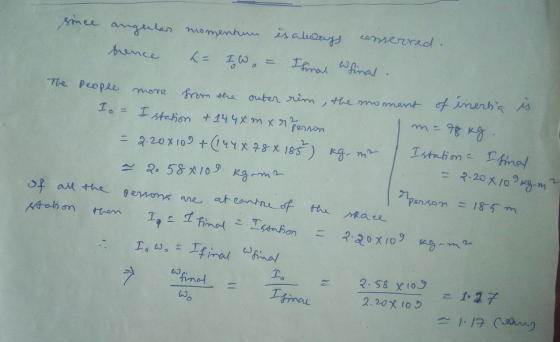 since angular momention is always comerred. trence - IW = Ifinal Wfinal. The people more from the outer rim, the moment of in