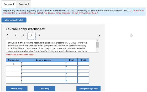 Required 1 Required 2 Prepare any necessary adjusting journal entries at December 31, 2021, pertaining to each item of other