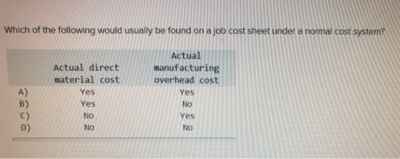 Which of the following would usually be found on a job cost sheet under a normal cost system? Actual direct material cost Act