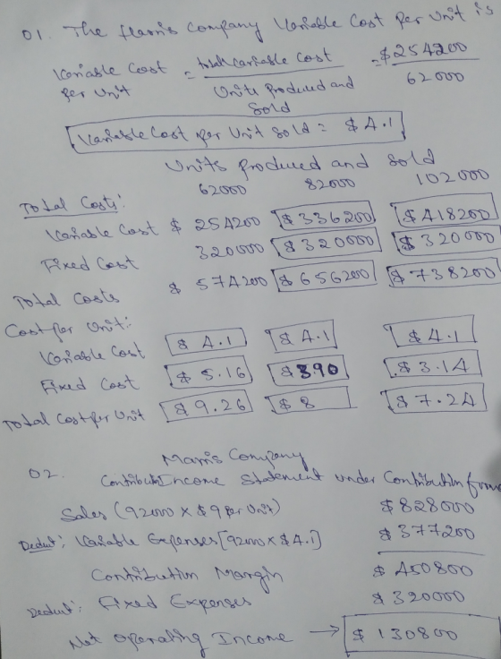 01. The flasns company llenable Cost per unit is Iconable cost total carlable cost $25 4200 fer unt Onte Produced and 62000