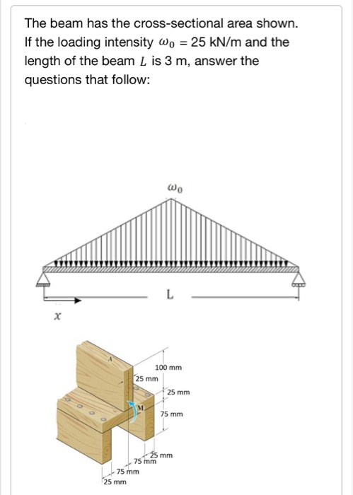 The beam has the cross-sectional area shown. If the loading intensity o 25 kN/m and the length of the beam L is 3 m, answer t