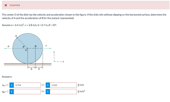 X Incorrect The center of the disk has the velocity and acceleration shown in the figure. If the disk rolls without slipping