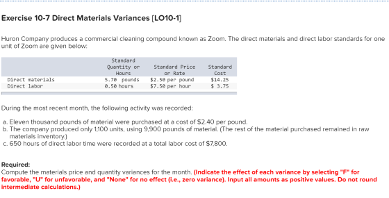Exercise 10-7 Direct Materials Variances (LO10-1] Huron Company produces a commercial cleaning compound known as Zoom. The di