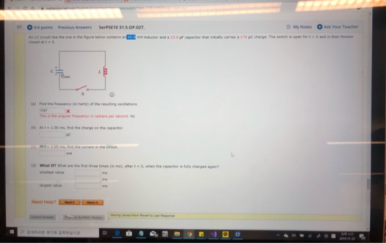 17. 0/6 points Previous Answers SerPSE10 31.5.OP.027. My Notes Ask Your Teacher 170 C charge. The switch is open fort and is
