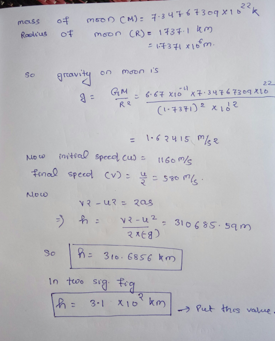 mass Radius of of moon (M)= 7.34 7 6 73oqx 10k moon (R.) = 1737.1 km -1.7371 xlofm. So gravity on moon is -il 22 = 6.67 X10 X