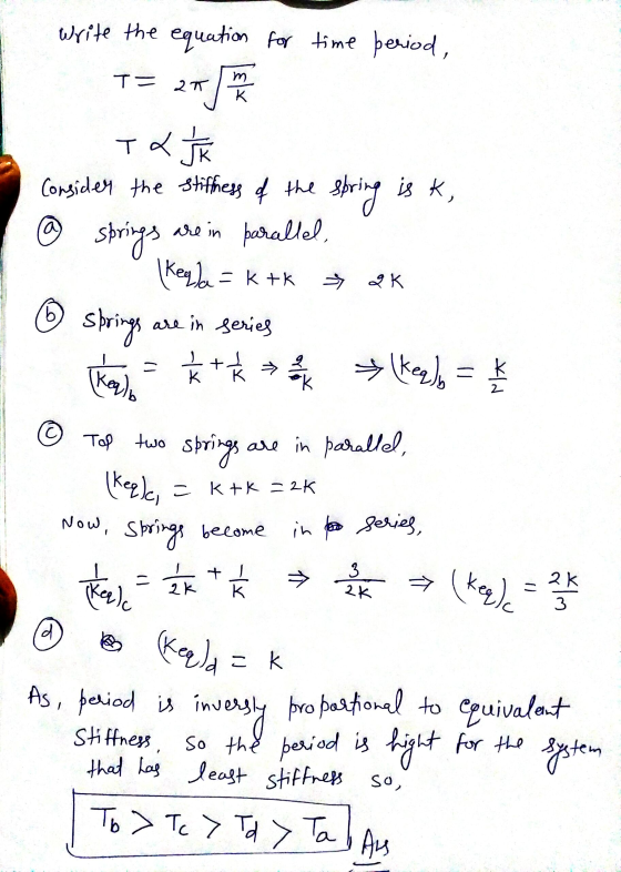 T= 2T m к XJk write the equation for time period, 2-) ra Consider the stiffness of the spring is k, are in parallel, Kezda =