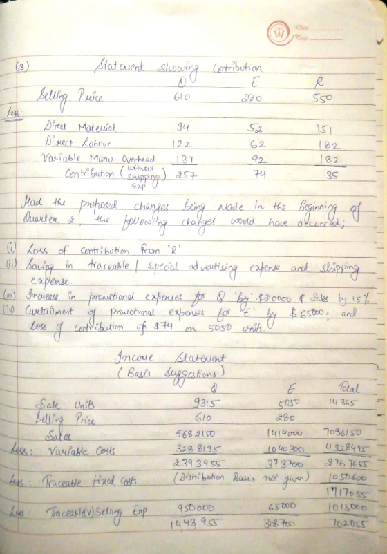 B) Statement showing Contribution 1 E Selling Puice 1 610 550 1 - Direct Material Direct Labour Variable Manu Contribution 94