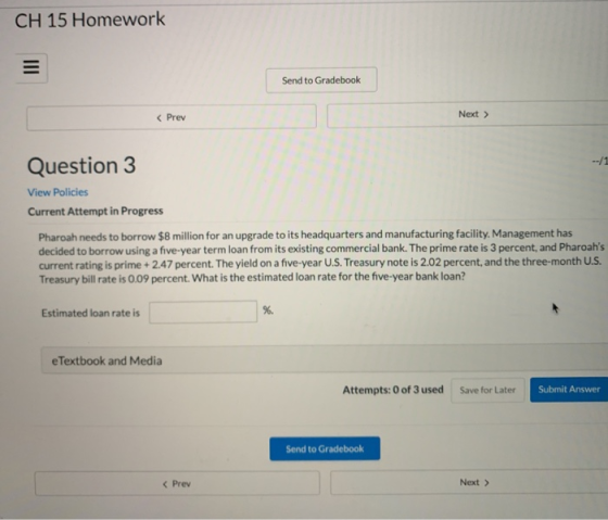 CH 15 Homework Send to Gradebook < Prev Next > Question 3 View Policies Current Attempt in Progress Pharoah needs to borrow $