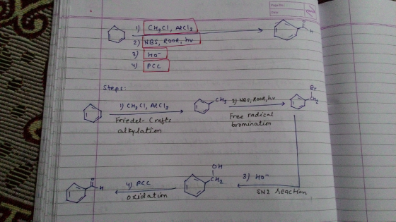Page No.. Dale H3c1,AICI! Но ッ1pcc Steps リCH3 CI, AtClg Friedel- Crsttr Free radical brominatim он SN2 Keac Hon oxiod atim