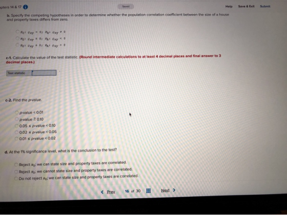 Save & Submit pters 14 & 17 Help b. Specify the competing hypotheses in order to determine whether the population correlation