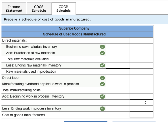 Income Statement COGS Schedule COGM Schedule Prepare a schedule of cost of goods manufactured. Superior Company Schedule of C