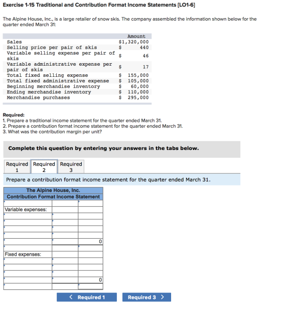 Exercise 1-15 Traditional and Contribution Format Income Statements [LO1-6] The Alpine House, Inc., is a large retailer of sn