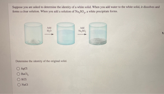 Suppose you are asked to determine the identity of a white solid. When you add water to the white solid, it dissolves and for