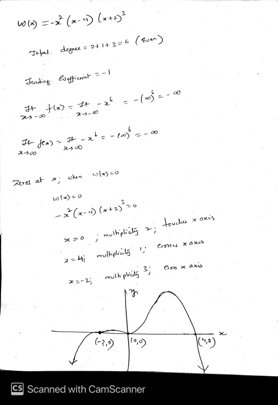 W(x) =-* (x-4) (x+2)3 (Even) degree Total = P+1+3=6 --) Teading Coefficient xo -100= It fx)= It 27-00 co It fea) = It x= *-=