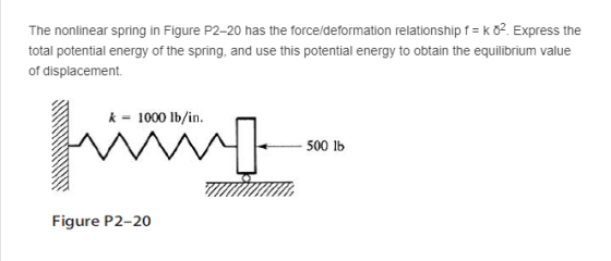 spring in Figure P2-20 has the total potential energy of the spring, and use this potential energy to obtain the equilibrium value of displacement. k 1000 lb/in. - 500 lb Figure P2-20