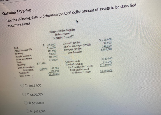 ne Le Question 5 (1 point) Use the following data to determine the total dollar amount of assets to be classified as current