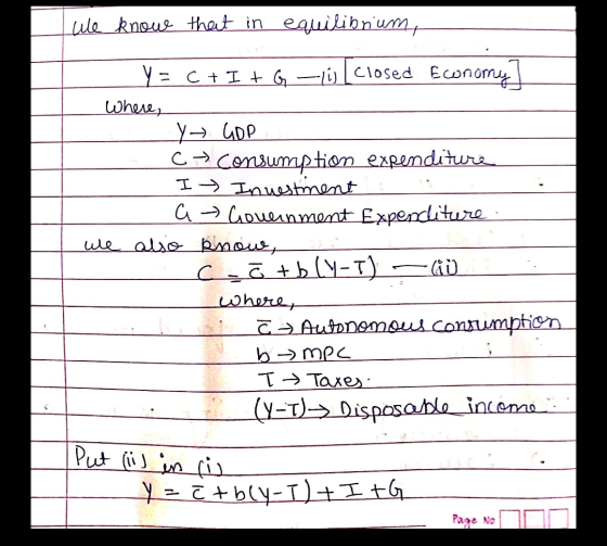 We know that in equilibrium, Y= c + I+G - [closed Ewnomy] where, Y GDP c→ Consumption expenditure I Investment a > Gouernment