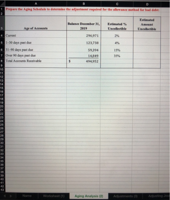 1 Prepare the Aging Schedule to determine the adjustment required for the allowance method for bad debt: Balance December 31,