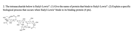 2. The tetrasaccharide below is Sialyl-Lewis. (1) Give the name of protein that binds to Sialyl-Lewis. (2) Explain a specific