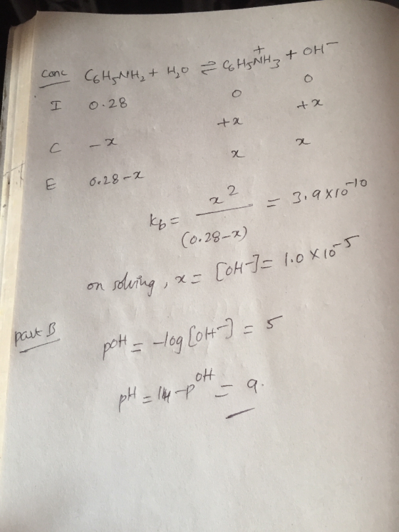 GH NH3 ta Con C6HNH, + 40 O l 0.28 ifa +2 c - x 0.28-x -10 x2 kg= - 3.9810 to (0.28-x) on solving, x= [OH-] = 1.08105 part B