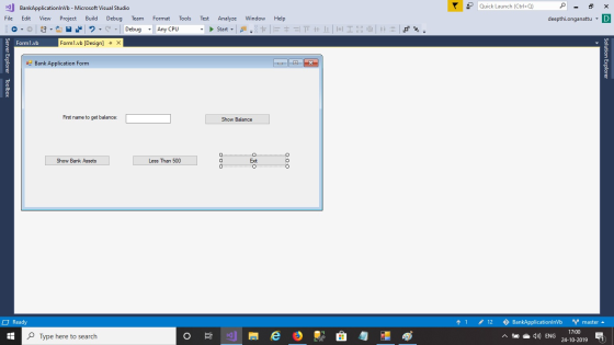 Quick Launch (Ctrl+Q) - 2 x deepthi.onganattu - D File Test BankApplicationInVb - Microsoft Visual Studio Edit View Project B