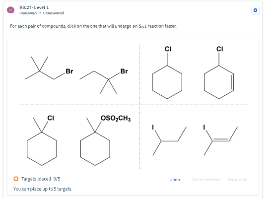 H8.27-Level 1 Hamawark • Unanswered For each pair of compounds, click on the one that will undergo an Snl reaction faster, مل