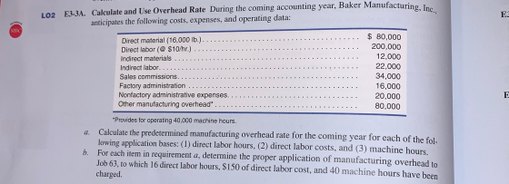 ES LO2 E3-3A. Calculate and Use Overhead Rate During the coming accounting year, Baker Manufacturing anticipates the followin