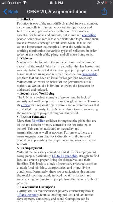 Freedom 8:18 PM Back GENE 29, Assignment.docx 2. Pollution Pollution is one of the most difficult global issues to combat, as