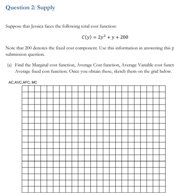 Question 2: Supply Suppose that Jessica faces the following total cost function: C(y) = 2y2 + y + 200 Note that 200 denotes t