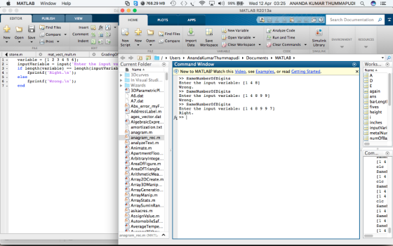 MATLAB Window Help 뭔日@ 768.29 MB。< >乀令동啦) 99%顾_ Wed 12 Apr 03:25 ANANDA KUMAR THUMMAPUDI a E MATLAB R2013a EDITOR VIEW PLOTS