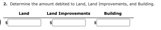 2. Determine the amount debited to Land, Land Improvements, and Building. Land Land Improvements Building