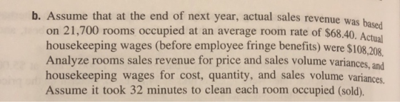 b. Assume that at the end of next year, actual sales revenue was based on 21,700 rooms occupied at an average room rate of $6