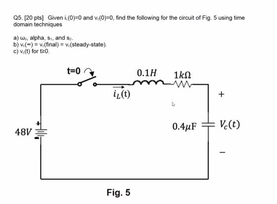 Q5. (20 pts] Given i (0)=0 and Vc(0)=0, find the following for the circuit of Fig. 5 using time domain techniques a) W., alph