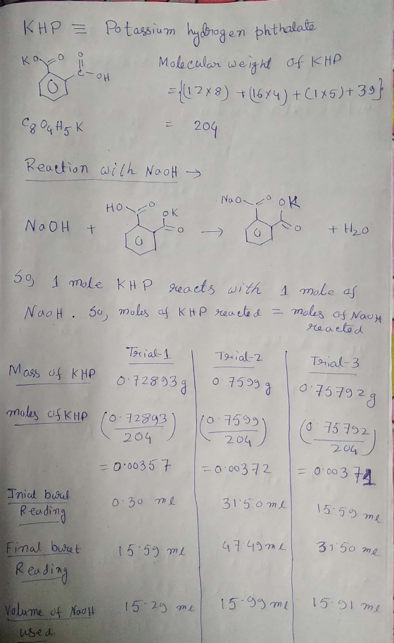 Koco a KHP = Potassium hybrogen phthalate Molecular weight Of KHP LOV =411288) +(1684) +(145)+39] z Ou Hg K = 204 Reaction wi