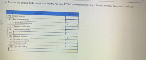 c. Assume the original facts except that Jeremy has only $7,000 in itemized deductions. What is Jeremys tax refund or tax du