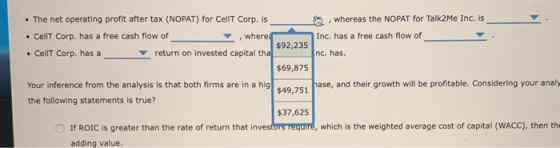 • The net operating profit after tax (NOPAT) for CellT Corp. is es, whereas the NOPAT for Talk2Me Inc. is . CellT Corp. has a