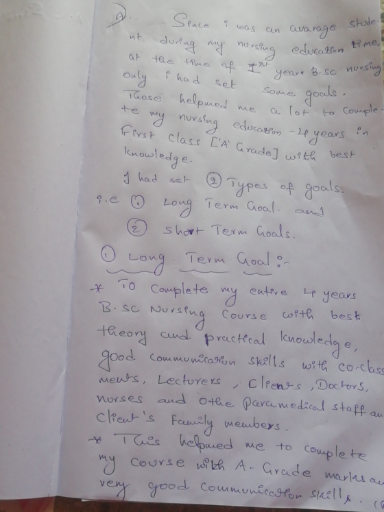 stude Puce uyu educaton Li me, MUYSi Ouly ho d setSowe Cowtple Ffrst class CA C lmoledge had set- (2)Types o goal ④ Short-Term Goals 10 Complete wu entr, e Lf years 4 Long Tern Choal eym mes, Lectures Clrens Doctoys norses and Otee Pavemedacel staf a wed we to Co O0